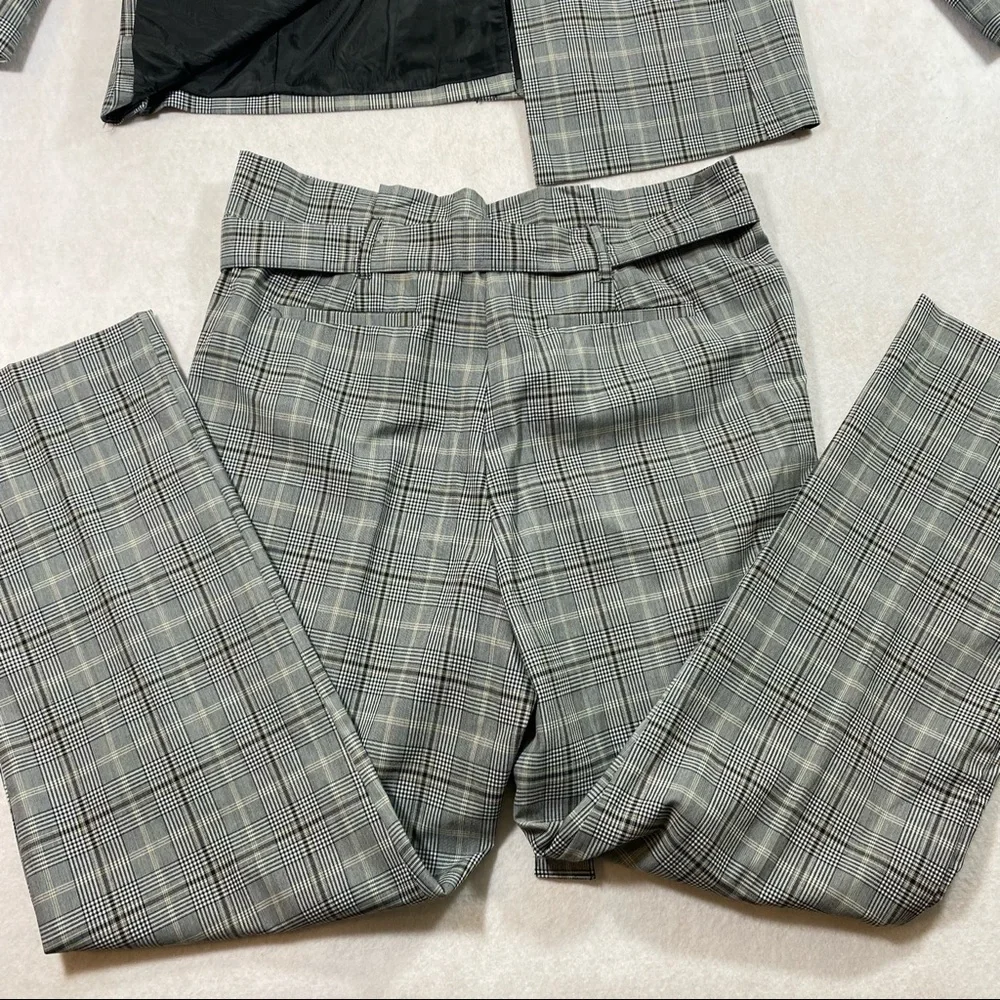 Glen Check Plaid Pant Suit Blazer Paper Bag Waist Pant Liz Claiborne Gray Black - Picture 8 of 16